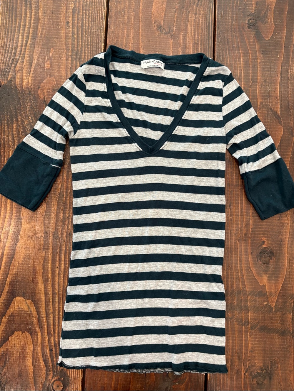 Michael Stars Navy & Gray Striped V-Neck Slim Tee